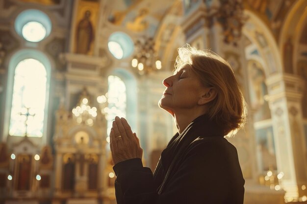Foto donna caucasica che prega in chiesa effetto cinematografico