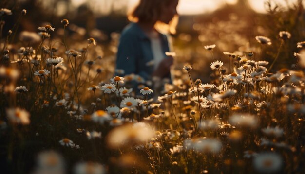 AIによって生成された黄色いヒナギクの草原で微笑む白人女性