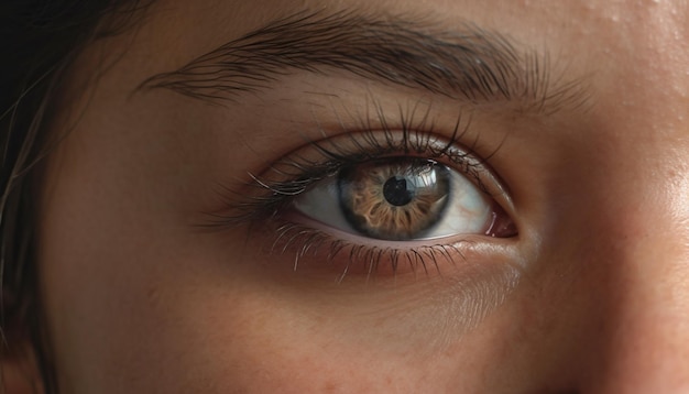 Caucasian woman staring at camera with beautiful brown eyes and smile generated by artificial intelligence