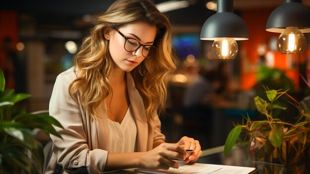 Caucasian woman studying holding pen analyzing data on desk indoors pen analyzing