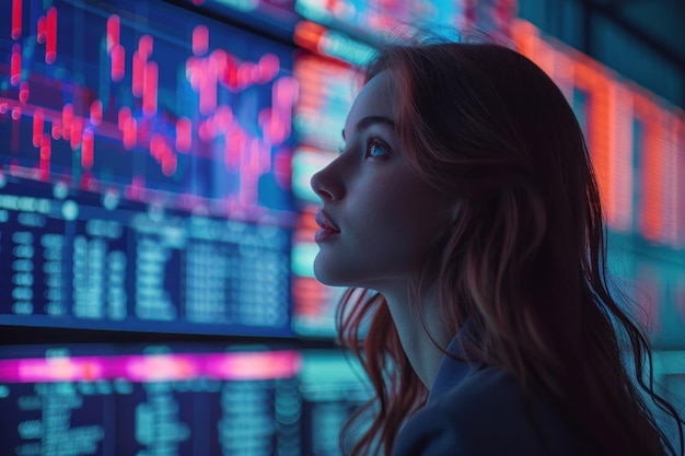 Caucasian woman trader in suit on the background of huge monitors with charts