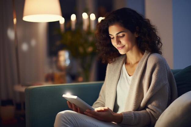 Photo caucasian woman using digital tablet at home