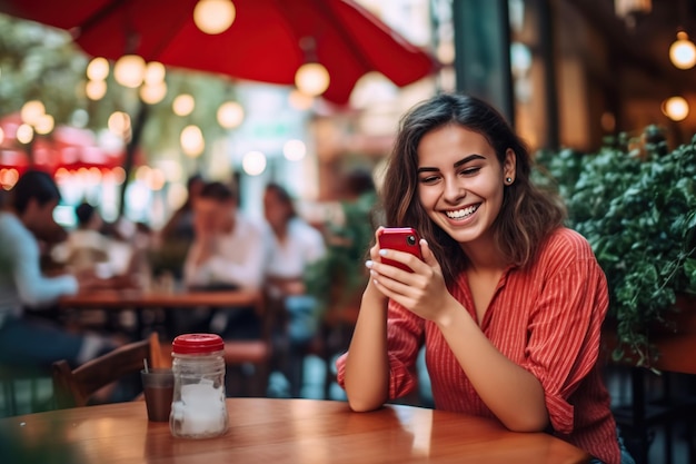 Кавказская женщина использует телефон Набирает на сенсорном экране смартфона Пишет сообщения бизнес-женщина студентка счастлива улыбается онлайн-покупки электронная коммерция мобильное приложение