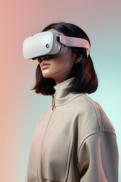 인공지능 기술을 사용하여 만들어진 분홍색 배경에 VR 및 AR 헤드을 착용한 백인 여성