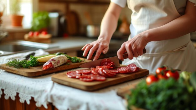 Caucasian woman in white apron slicing dry sausage in the kitchen