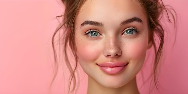 A Caucasian woman with flawless skin and glowing collarbones on a pink background Concept Beauty Skincare Makeup Fashion Photography