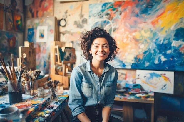 輝く笑顔の白人女性がカラフルで活気のあるスタジオで画家としての芸術的才能を披露しています