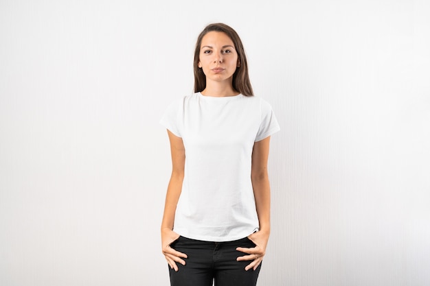 Caucasian woman with white shirt