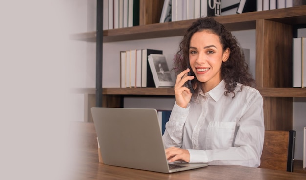 Caucasian woman working online call center support and service customer