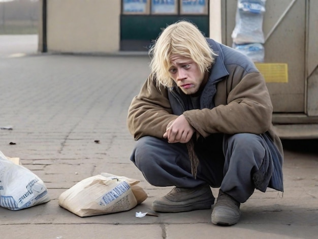 Photo caucasian young blonde beggar living in the street