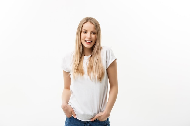 Caucasian young confident woman. Model white t-shirt isolated on white background.