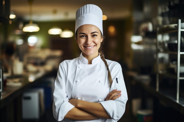 팔짱을 끼고 요리사 모자를 쓴 백인 젊은 여성 요리사는 레스토랑 주방에 서서 웃고 있는 앞치마를 입고 있습니다.