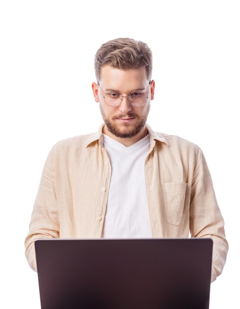 Caucasian young man in eyewear using