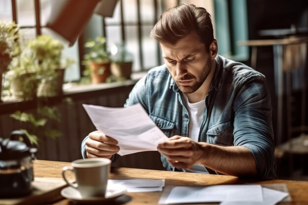 Photo a caucasian young man reads a letter annoyed and worried