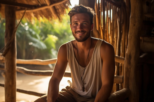 Photo caucasian young man smiling sitting on a bamboo hut at the beach generative ai