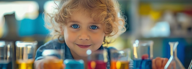 A Caucasian young student in a science lab at school looks at a test tube