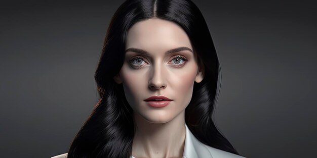 Caucasian young woman with crystal clear beautiful eyes dressed with a white business suit