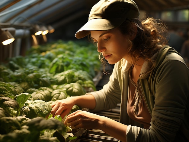 有機農場の温室で働く白人の若い女性 有機植物を育てる女性農家