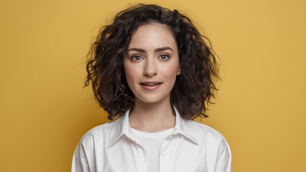 Photo caucasian young womans half length portrait on yellow studio background