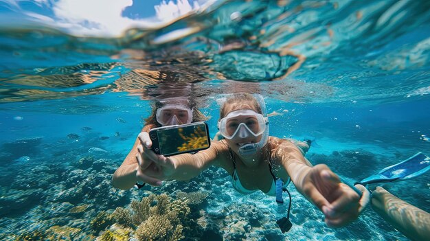 Caucasian youth group diving in the sea snorkeling in Australia