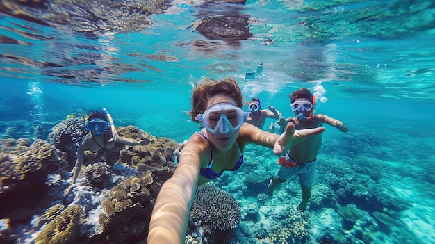 Caucasian youth group diving in the sea snorkeling in Australia