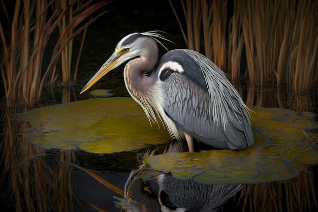 Caught in wetland pond large heron with white neck generative ai