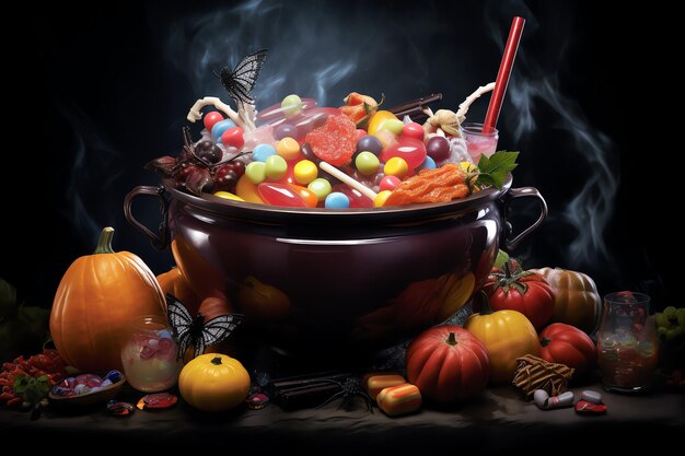 cauldron filled with an assortment of Halloween candies halloween background