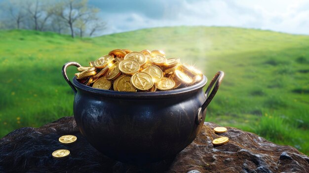 A cauldron filled with golden coins in a natural background