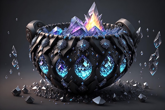 Cauldron made from crystals deep black down lighting