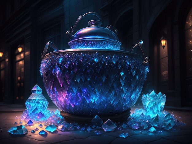 Cauldron made from crystals deep blue down lighting