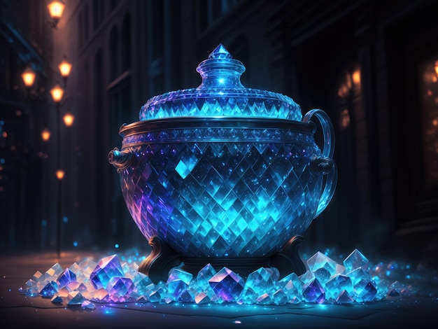 Cauldron made from crystals deep blue down lighting