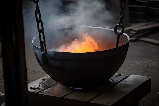 Cauldron of molten metal with smoke rising from the flames