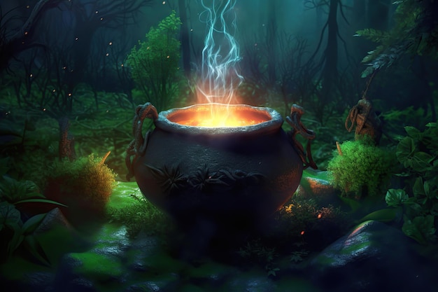 Cauldron in night forest Ai Fairy background