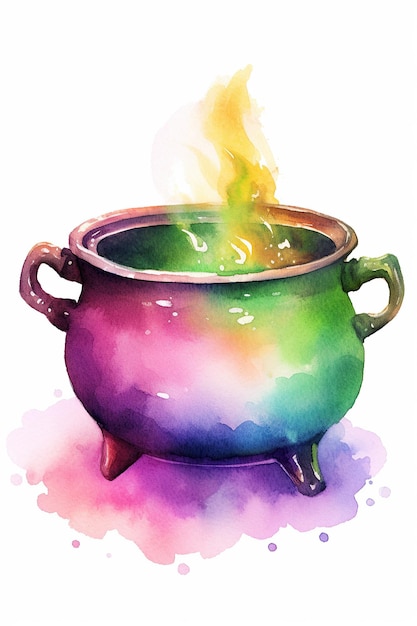 Cauldron witchcraft watercolor clipart cute isolated on white background with Generative AI