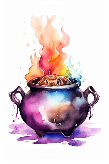 Cauldron witchcraft watercolor clipart cute isolated on white background with Generative AI