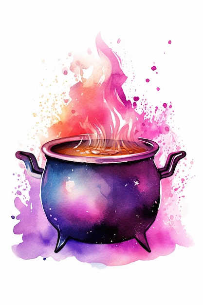 Cauldron witchcraft watercolor clipart cute isolated on white background with Generative AI