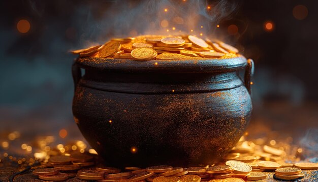 Photo cauldron with gold coins arrangement ai