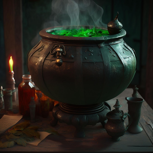 A cauldron with a green liquid inside of it.