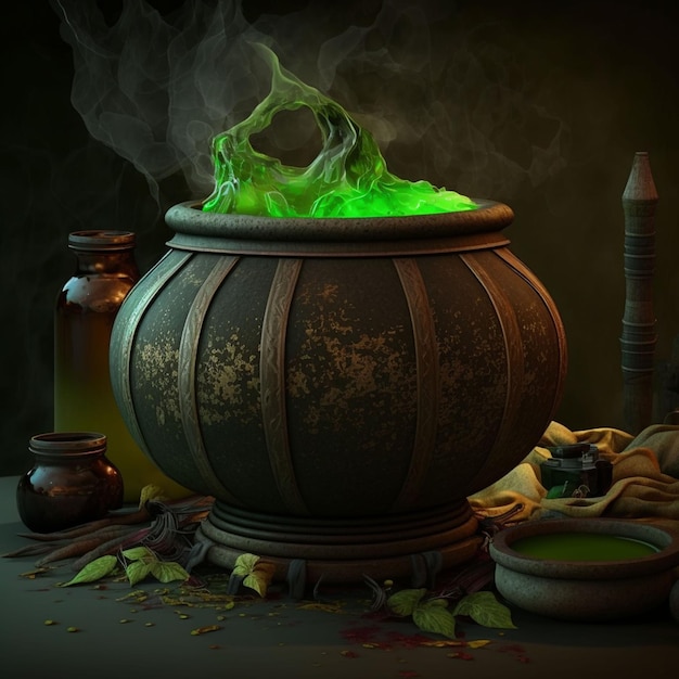 A cauldron with green liquid in it is surrounded by other items.