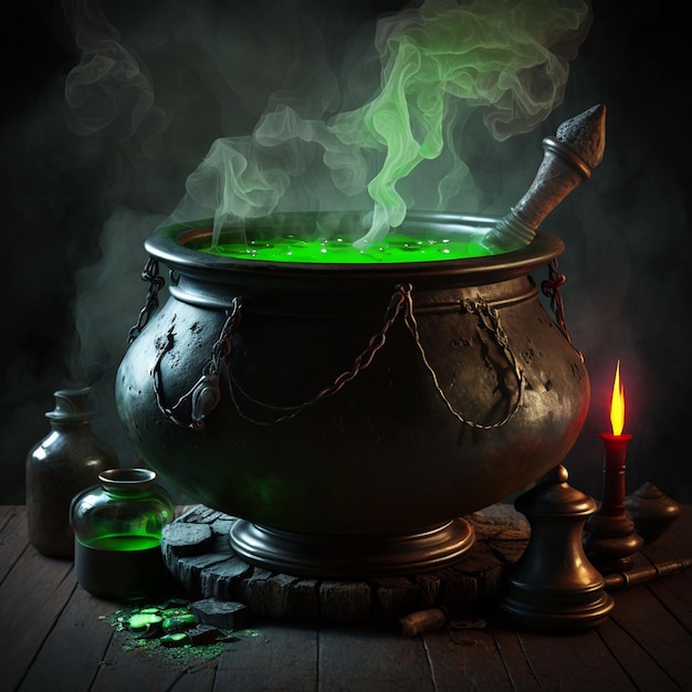 A cauldron with green smoke is in front of a candle.