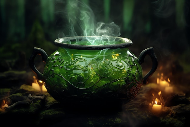 Cauldron with swirling potion green magical fairytale world background backdrop