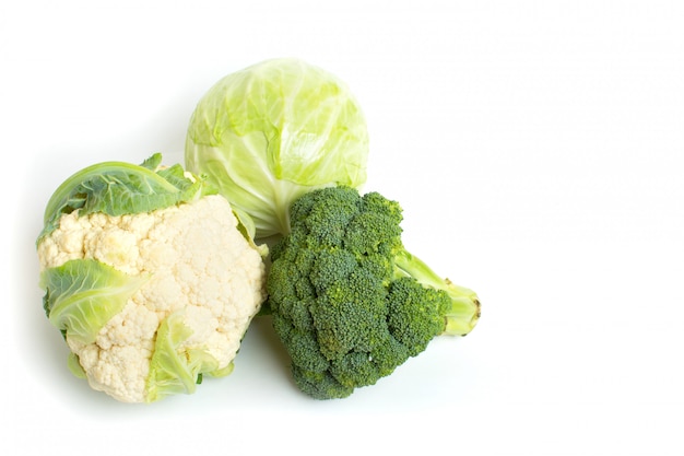 Cauliflower, broccoli and cabbage closeup