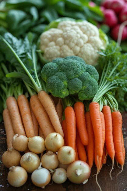 Cauliflower broccoli carrots and onions