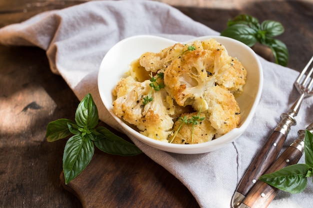 Cauliflower casserole with cheese in a cream sauce. Cauliflower gratin with bechamel sauce