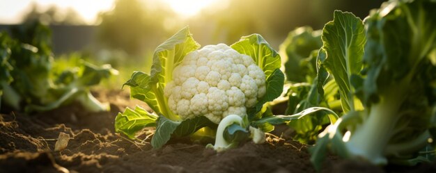 Photo cauliflower lying on garden ground back light cauliflower field