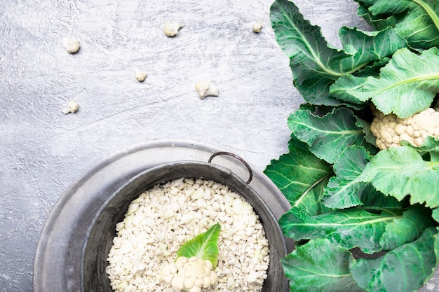 Cauliflower rice in metal bowl