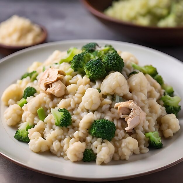 Photo cauliflower risotto with broccoli and shredded chicken generated by ai