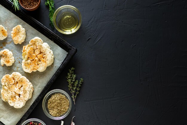 Photo cauliflower steak cooking raw cauliflower sprinkled with spices lies on a baking sheet olive oil herbs various spices nearby dark background copyspace