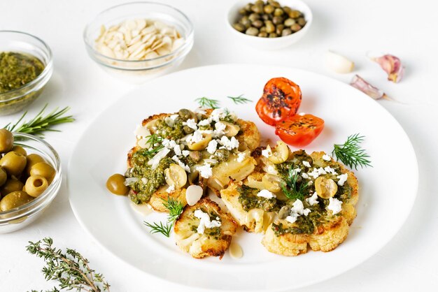 Cauliflower steak with spices chimichurri sauce almond flakes olives fried cherry tomatoes and capers on a white plate Vegetarian food