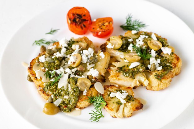 Cauliflower steak with spices chimichurri sauce almond flakes olives fried cherry tomatoes and capers on a white plate Vegetarian food